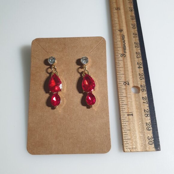 Gold Tone Drop Earrings Red Crystal Teardrop Dangling Design Elegant Jewelry - Picture 3 of 5
